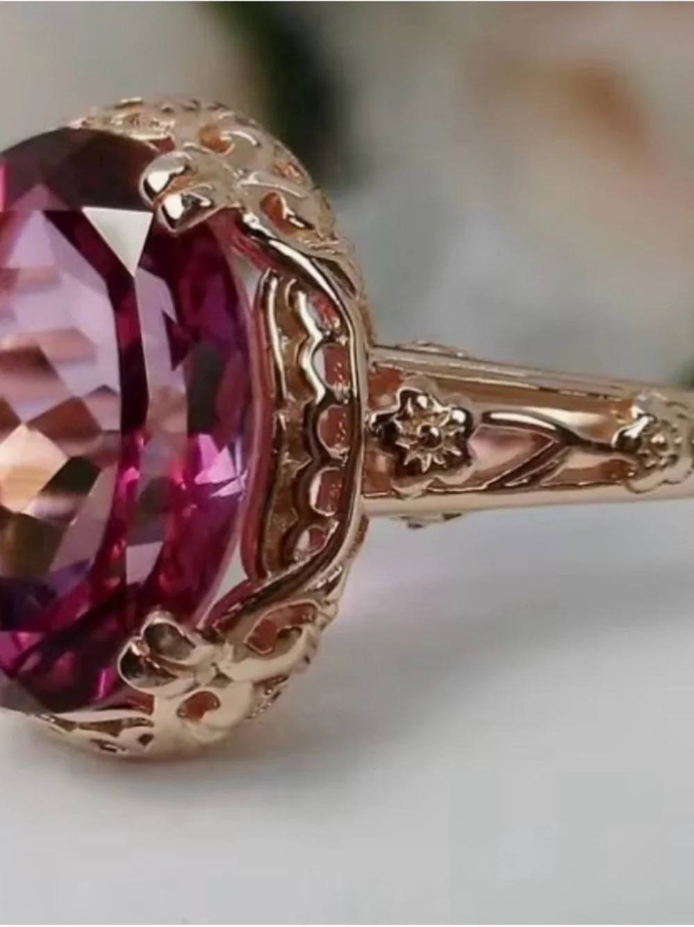 Vintage-Inspired Gold Ring with Deep Pink Faceted Stone. NWOT.